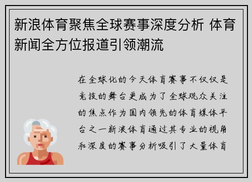 新浪体育聚焦全球赛事深度分析 体育新闻全方位报道引领潮流